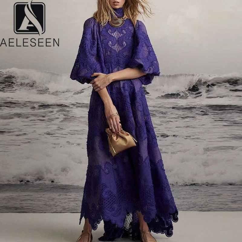 

AELESEEN Runway Fashion Spring Dress 2020 High Quality Half Lantern Sleeve Hollow Out Flower Embroidery Long Party Holiday Dress