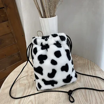 

Cow Pattern Plush Shoulder Bag Women Mini Drawstring Bag Girls Coin Purse Bags Crossbody Bags Womens Small Phone Bag Bolsa Mujer