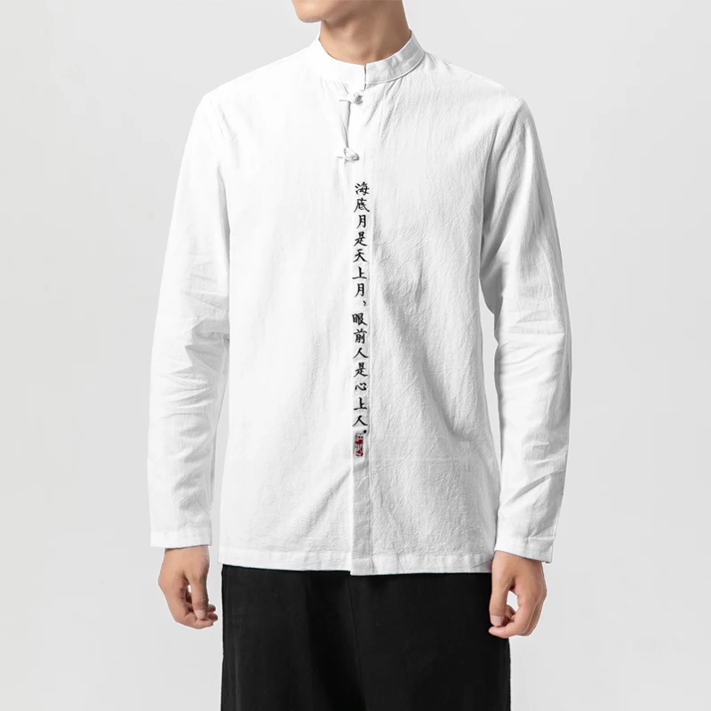 Sinicism магазин осень новая вышивка мужские повседневные рубашки китайский стиль плюс размер мужские рубашки модные длинные рукава мужская одежда - Цвет: C43 WenZi White