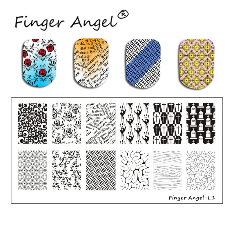 Finger Angel 4 шт. 6*12 см ногтей штамп пластины Хэллоуин стиль сахар/Череп/Тыква Лампа изображение с белым держателем+ 1 шт прозрачный штамп# F14