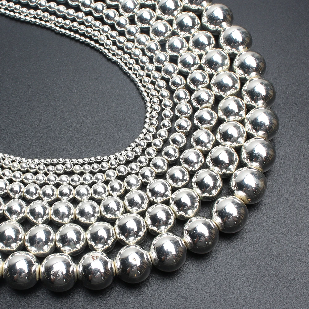 Silver Hematite Stone Round Beads for DIY Jewelry Crafting - 15'' Strand