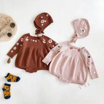 

Autumn Fashion Newborn Infant Baby Girl Long Sleeve Knitted Bodysuit Jumpsuit Overall Embroidery Flower Baby Sweater With Hat