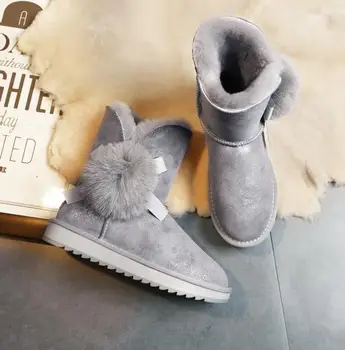 

Leather wool snow boots female 2019 winter plus velvet thick fur word short tube warm cotton shoes women's booties