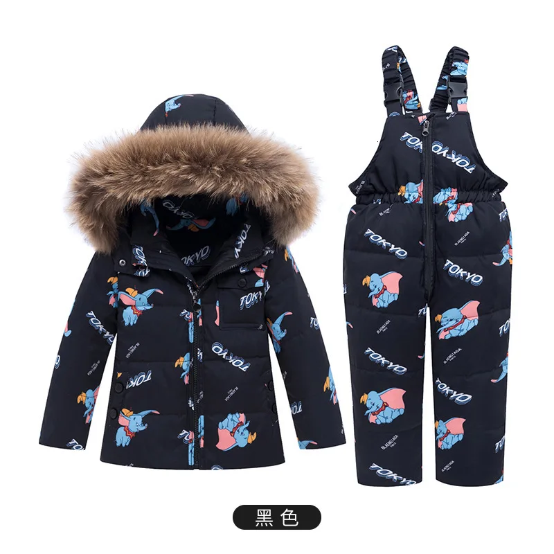 Kids Winter Down Parkas New Girls Ski Suits Cotton Cartoon Thick Warm Hoodies+bib Pants 2pcs Outfits For Boys Children Snowsuit - Цвет: black