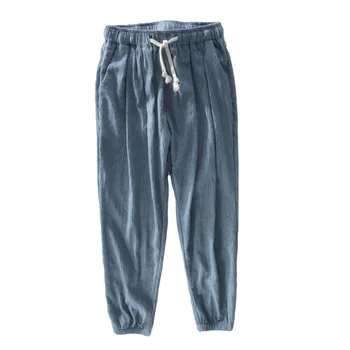 

Men Summer Fashion Japan Style Premium Linen Elastic Waist Slim Ankle Length Pant Male Casual Solid Color High Quality Trousers