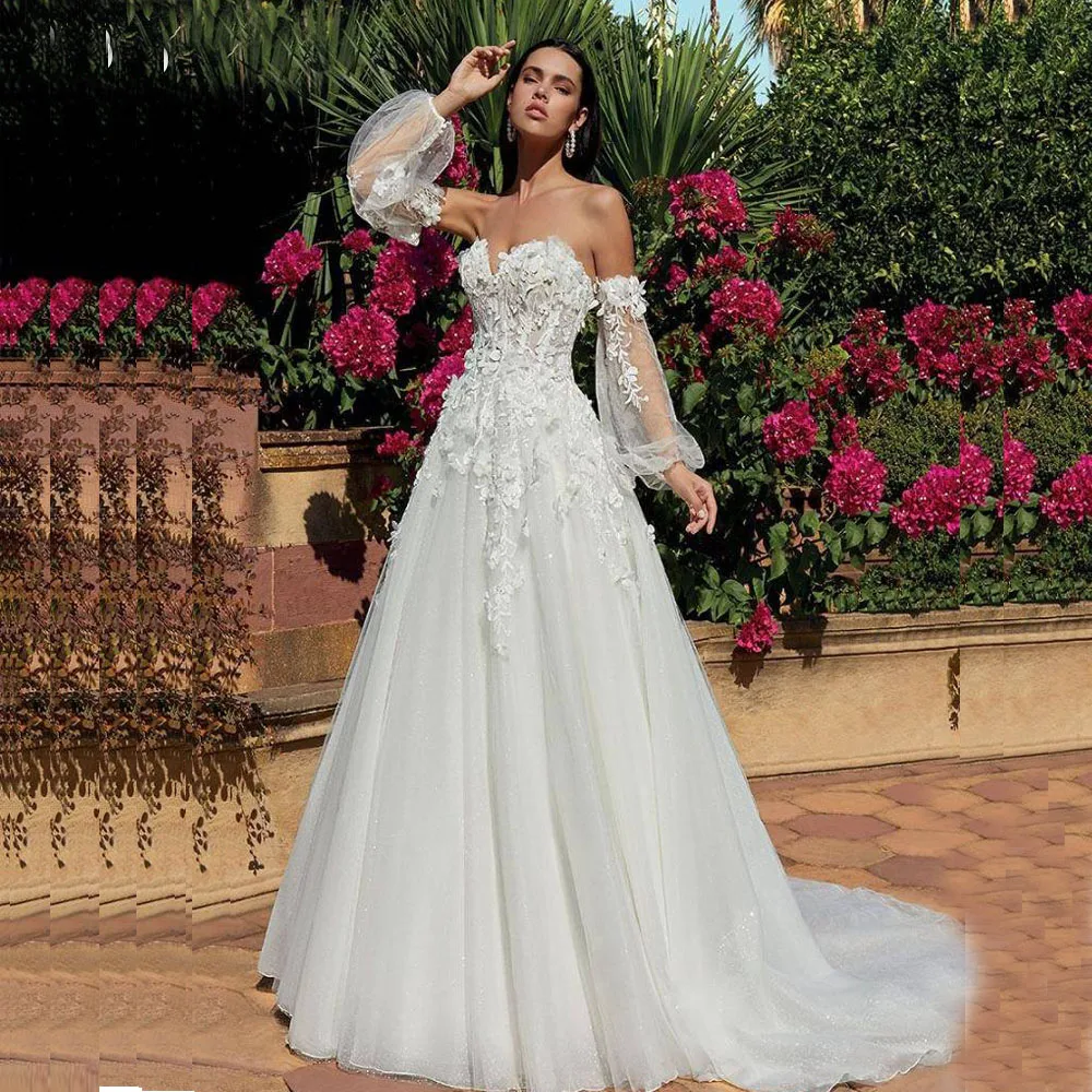 

Verngo Sweetheart Lace Floral Wedding Dress 2020 With Removable A Line Puffy Sleeves Bride Gowns Romantic Corset Bridal Dress