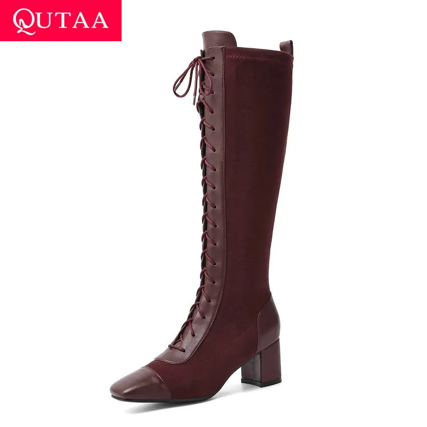 

QUTAA 2020 Retro Square Toe Flock Cow Leather Lace Up Women Shoes Autumn Winter Square Heel Fashion Knee High Boots Size 34-43