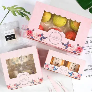 

10 Pcs Paper Gift Box With Window Wedding Party Pink Rose Wreath Kraft Paper Box Cake Food Packaging Candy Cookies Cupcake