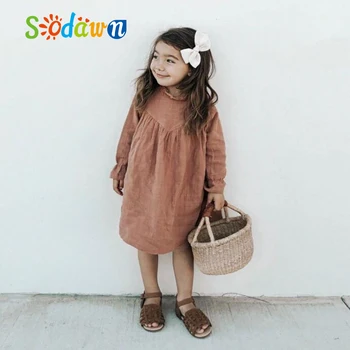 

Sodawn 2020 Spring Girls Dresses European America Toddler Kids Dress Linen Long Sleeve Solid Princess Kids Clothes For 1-6Y