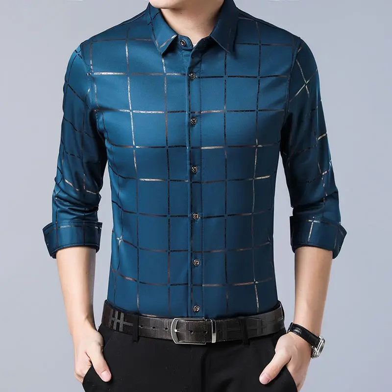 Новинка, мужская рубашка, модная, брендовая, мужская рубашка с длинным рукавом, повседневная, клетчатая, деловая, приталенная, Camisas Hombre - Цвет: Lake Blue