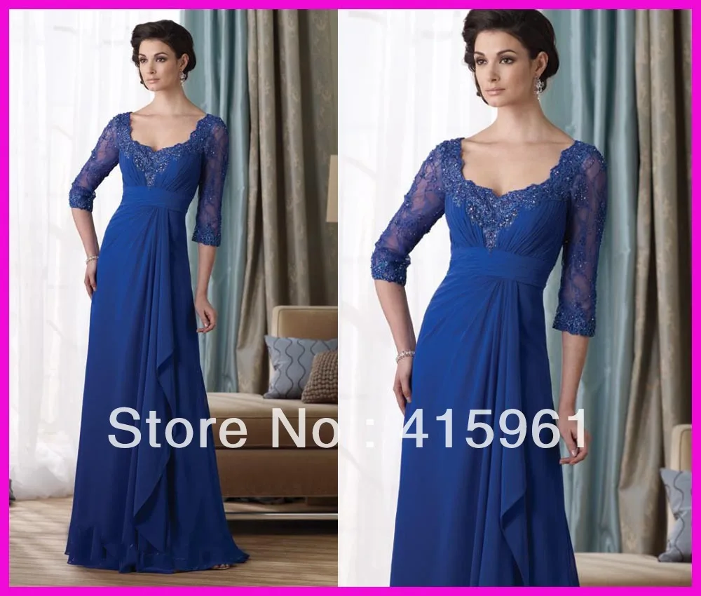 vestido de novia robe de soiree Free Shipping Royal Blue Beaded Lace Long Sleeve Mother of the Bride Dresses evening Gowns