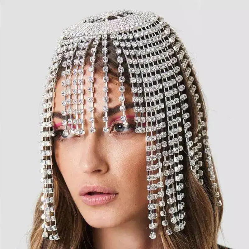 Fashion luxury shining Rhinestone Crystal forehead headdress tassel hairdress lady handmade hat crystal headdress Wedding Jewelr