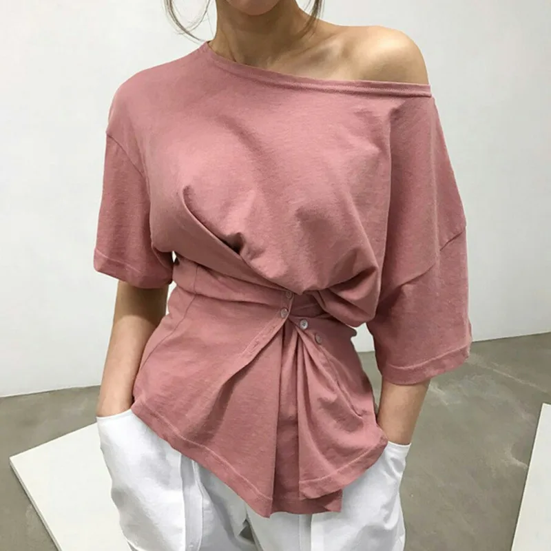 

LANMREM Solid Color Shoulder Short Sleeve Buttoned Waist Woman T-Shirt Casual Simple Fashion 2019 Summer New TV184