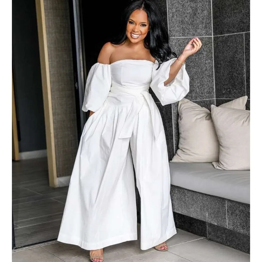 

Women Sexy Slash Neck Puff Sleeve Solid Jumpsuit Nice Tide Backless Bodysuit Wide Leg Romper Sashes Casual Loose Overall