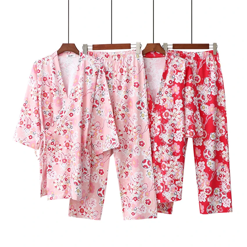 

Sakura Red Pink Kimono Dress Japanese Style Woman Vintage Haori Cotton Pajamas Yukata Bathrobe Homewear Kawaii Yukata Clothes