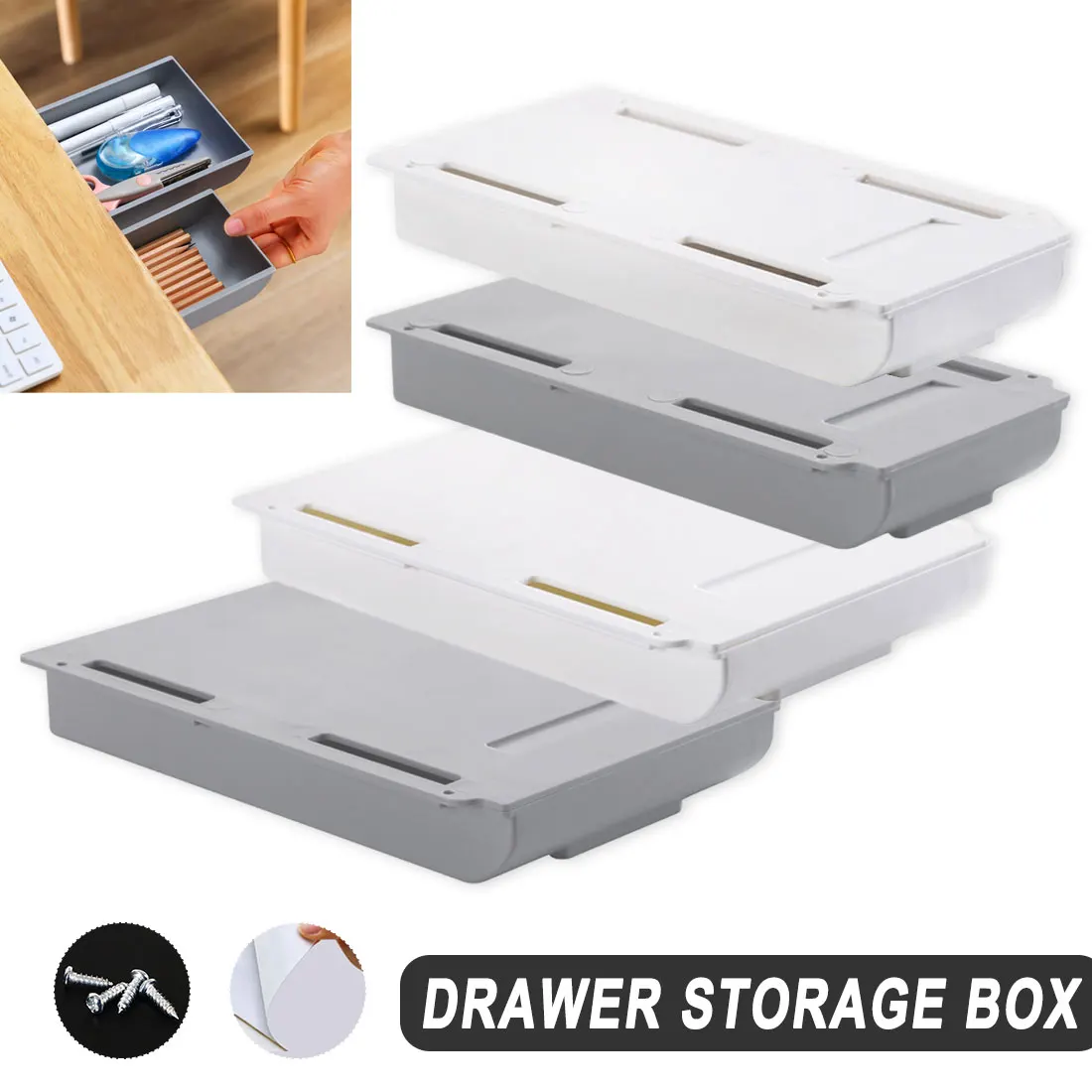 

Under Desk Storage Box One Grid Drawer Storage Box Tray Table Stand Self-adhesive Drawer Storage Box Gray/White Space Save