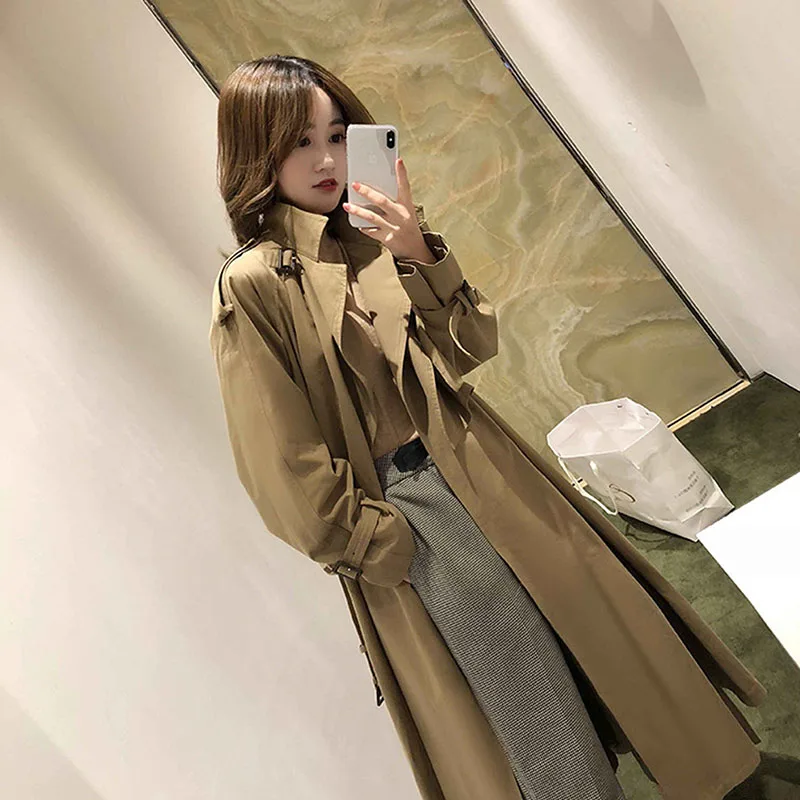 

Spring Autumn Plus size Women's Khaki Casual Trench coat with belt High quality Korean Loose Elegant Long Windbreaker Outerwear