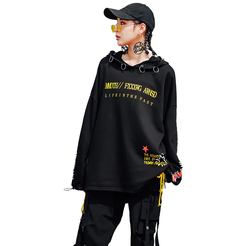 

Women Punk Ring Hoodies Sweatshirts 2019 Lady Autumn Korean Streetwear Top Back Patchwork Side Lace-up Sleeve with Drawstring