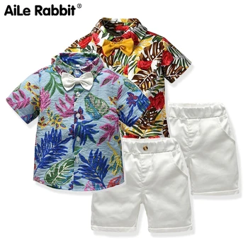 

2019 New Arrival Boy Clothes Suit Fashion Short-sleeved Shirt Pants 2 Piece Set Floral Gentleman Bow Set Handsome Baby Boy Suit