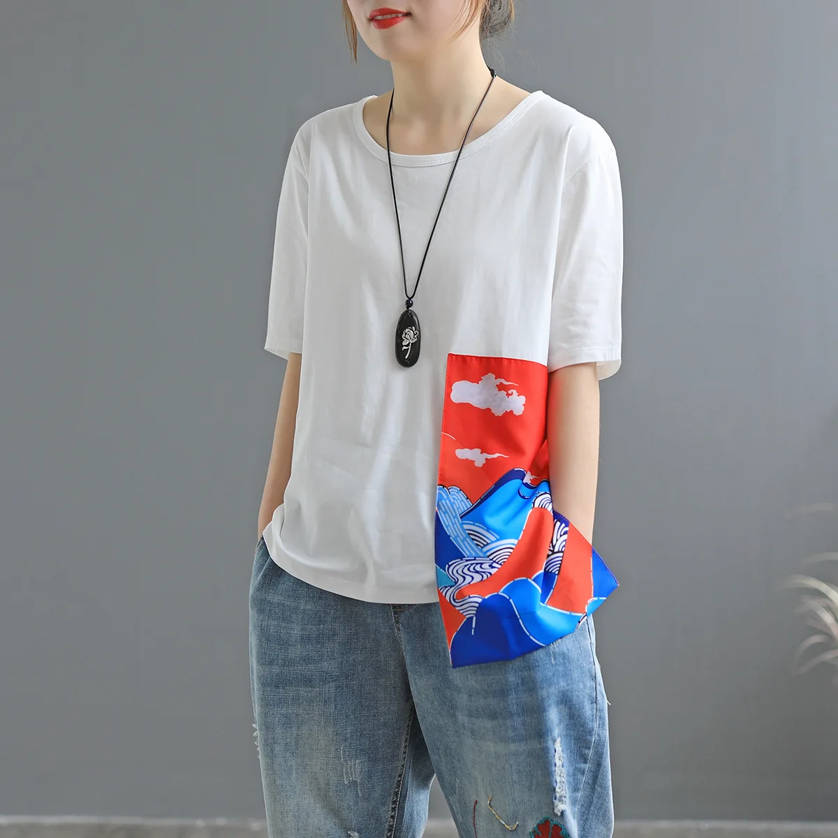 

Short Sleeve Tees And Pullovers Female Opera Element Printing T Shirt Female Color Patch Round Neck Summer Tops All Match Z2