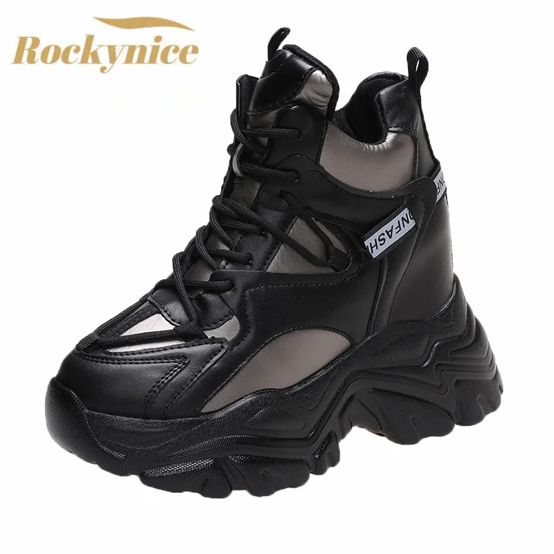 Zapatillas de deporte de cuero plataforma alta para mujer, zapatos de tacón de cuña al tobillo para exteriores, zapatillas gruesas cordones, Tenis|Zapatos vulcanizados de mujer| -
