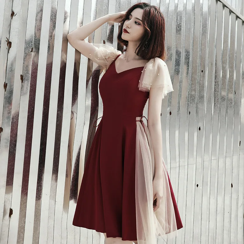 Бордовое вечерние кое вечернее платье сексуальное с V-образным вырезом оборками