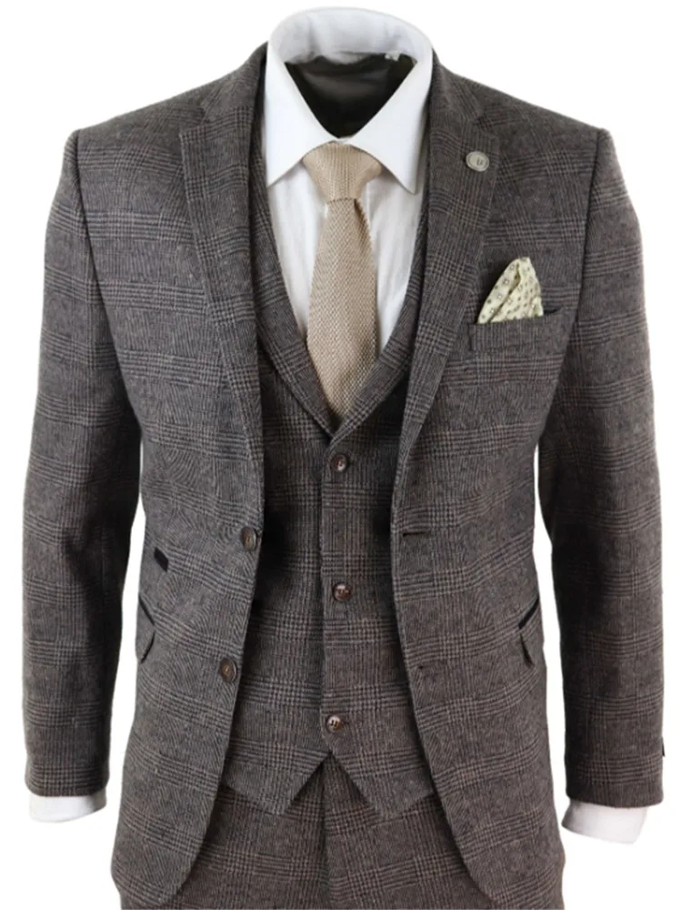 2020 Brown Mens Suits Wool 3 Piece Check Costume Homme Tweed Tailored Fit Peaky Blinders Gatsby 1920s Suit