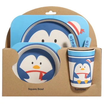 

5Pcs/Set Cartoon Animal Plate+Bow+Fork+Cup Baby Dinnerware Feeding Set Bamboo Fiber Baby Lovely Children Container Tableware Set