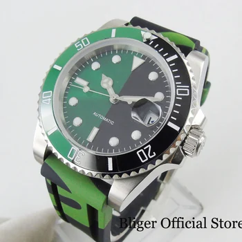 

Green Nologo Men Wristwatch Ceramic Bezel 40mm Silver Color Case MIYOTA Movement Rubber Strap Date Function