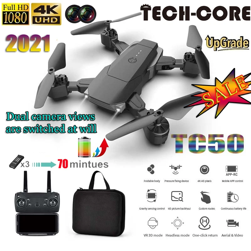 TECH-CORE TC50 Drone 4k HD Wide Angle Camera 1080P WiFi fpv Drone Dual Camera Quadcopter Height Keep Drone Camera Children Gift