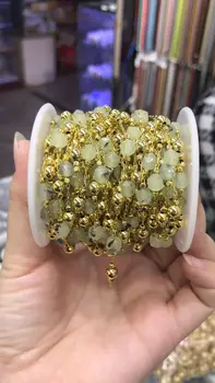 

3M/packs Copper semiprecious stone jewelry making chain, green stone gold plated flat gems beads connector findings