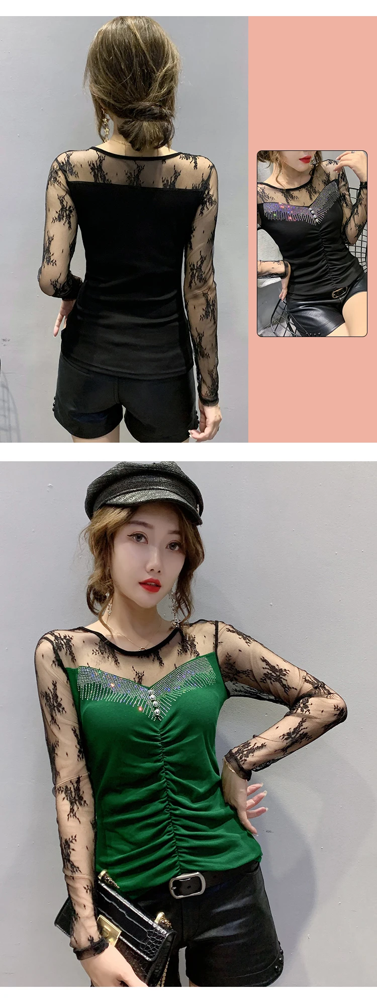 New 2020 Autumn long sleeve Women t-shirts Fashion Sexy hollow out Hot drilling Mesh shirt Plus size womens shirt blusas