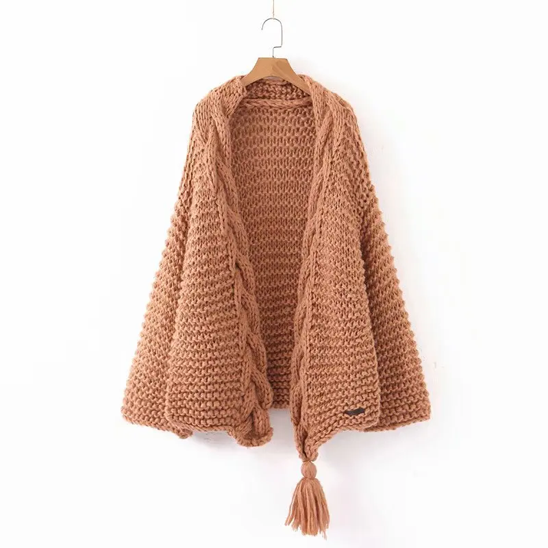 

Europe And America Laziness-Style Hand-woven Loose-Fit Mid-length Sweater Coat Cardigan Women's Coarse Bar Tassels Braid Sweater