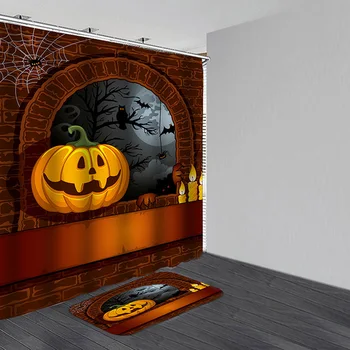 

Halloween Pumpkin Waterproof Shower Curtain Anti-slip Bath Mats Bathroom Suit