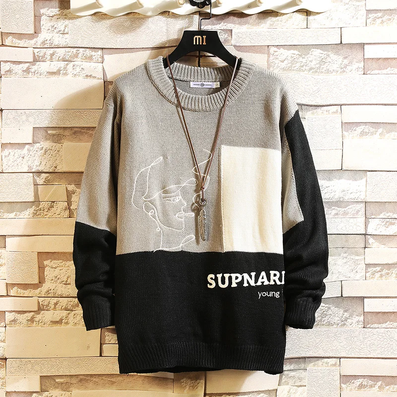 

2020 New Sweaters Men'S Patchwork Long Sleeves Autumn Winter Pullover Knitted O-Neck Plus OverSized 5XL