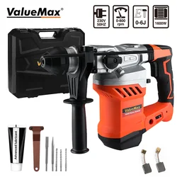 Warmemax – marteau rotatif 1600W 230V, vitesses réglables, marteau de démolition électrique, perceuse à percussion avec 9 accessoires 