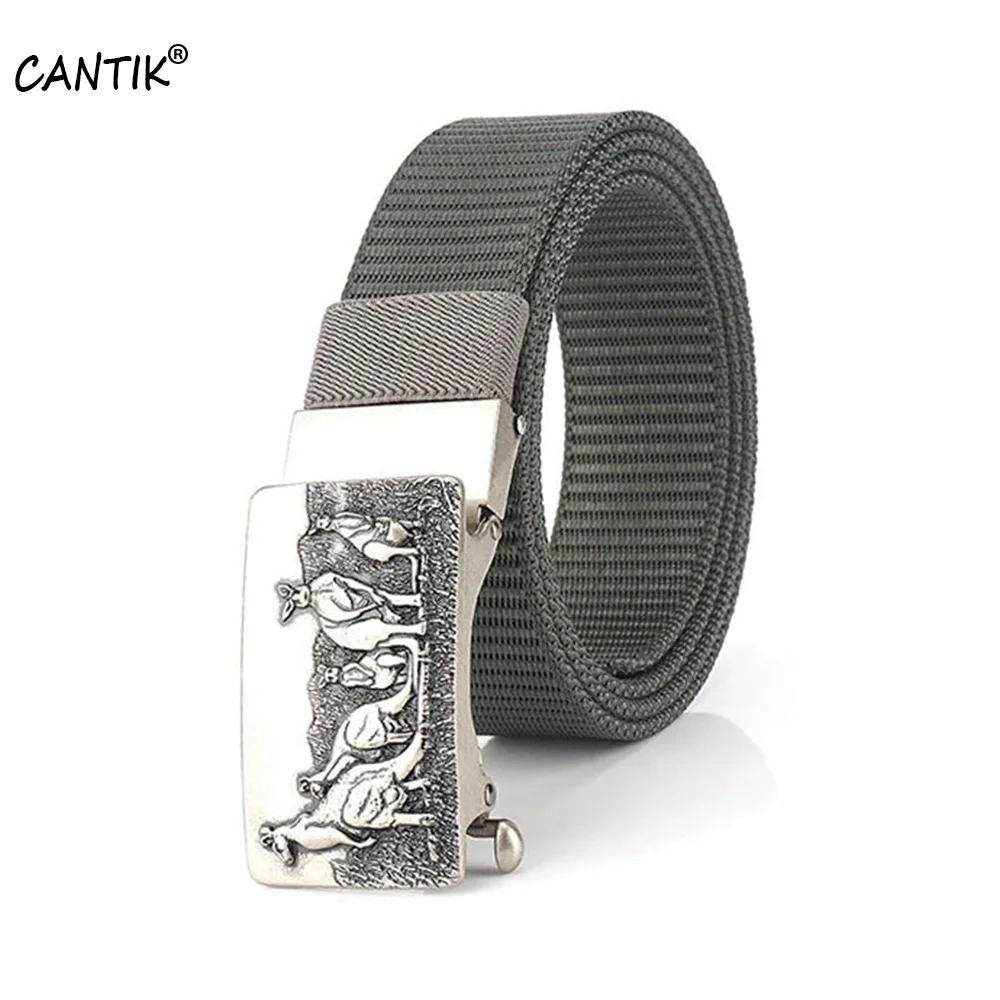 CANTIK Unique Kangaroo Pattern Automatic Buckle Metal Belt Quality Nylon Canvas Belts for Men Jeans Accessories 3.5cm CBCA220 cantik unique design fashion swan pattern hollow automatic buckle quality ladies nylon