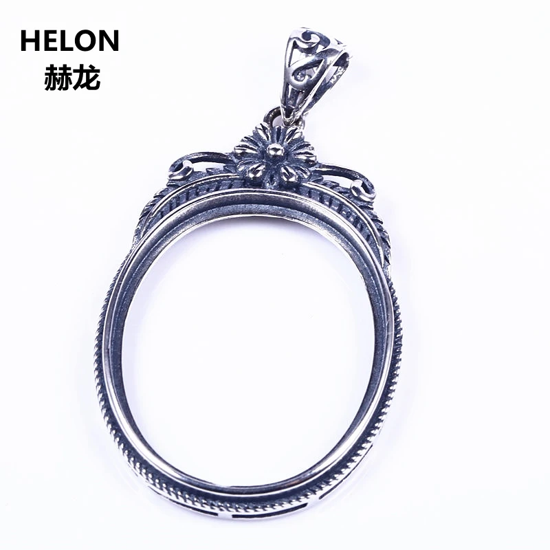 Vintage 925 Sterling Silver Pendant Flower Semi Mount for Women 22x26mm Oval Cabochon Amber Lapis Lazuli DIY Stone | Украшения и