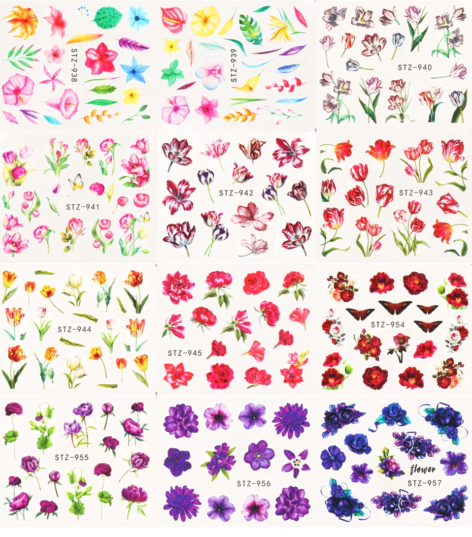 Mixed Nail Art Trnsfer Decals Set Flower Butterfly Stickers Sliders for Nail Tattoo DIY Summer Decor Tips (7)