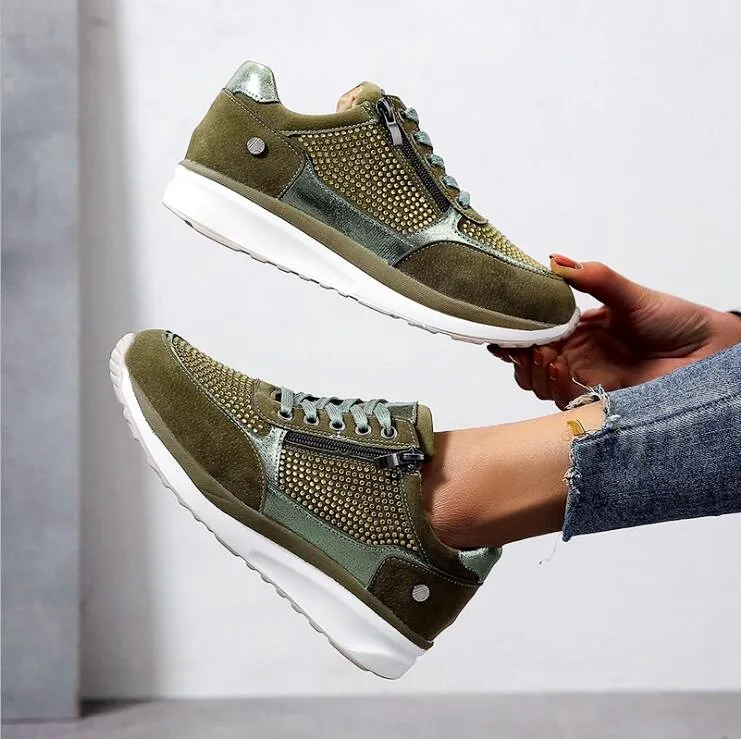 

EOEODOIT Spring New Sneakers Flat Heel Lace Up With Zip Closure Flats shoes Women Plus Size Shoes