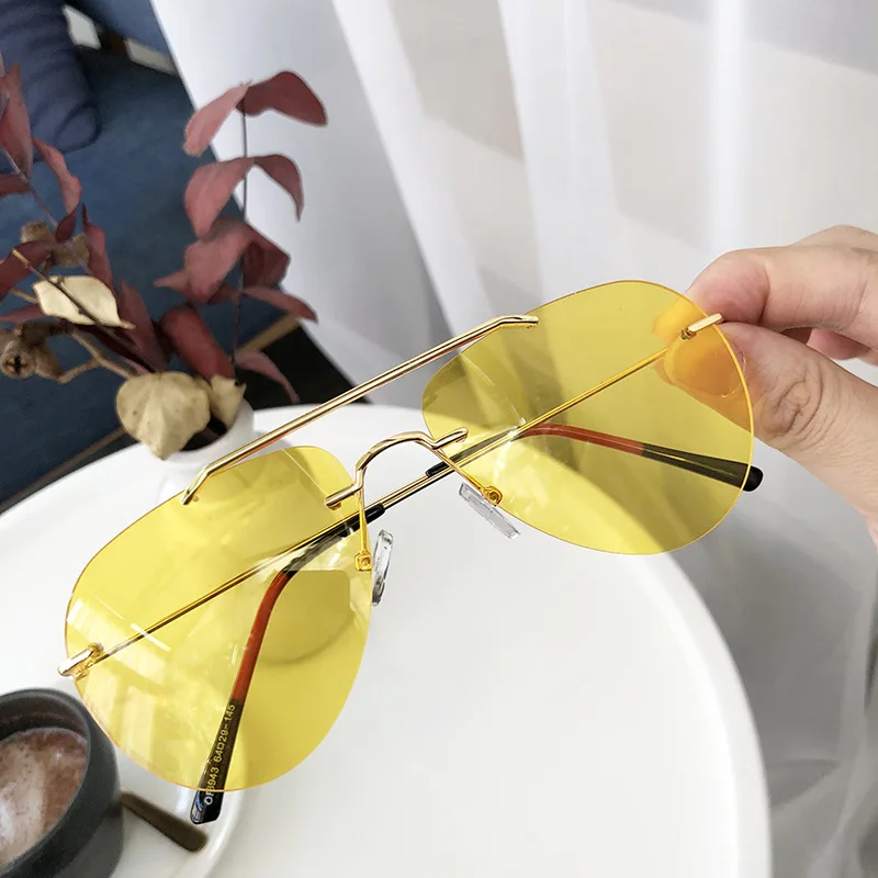 gold yellow Высокое качество, без оправы, пилот, женские солнцезащитные очки, металлические, винтажные, роскошные, брендовые, дизайнерские, для женщин, оттенки, черные, с круглым лицом, солнцезащитные очки, UV400 - Цвет линз: gold yellow