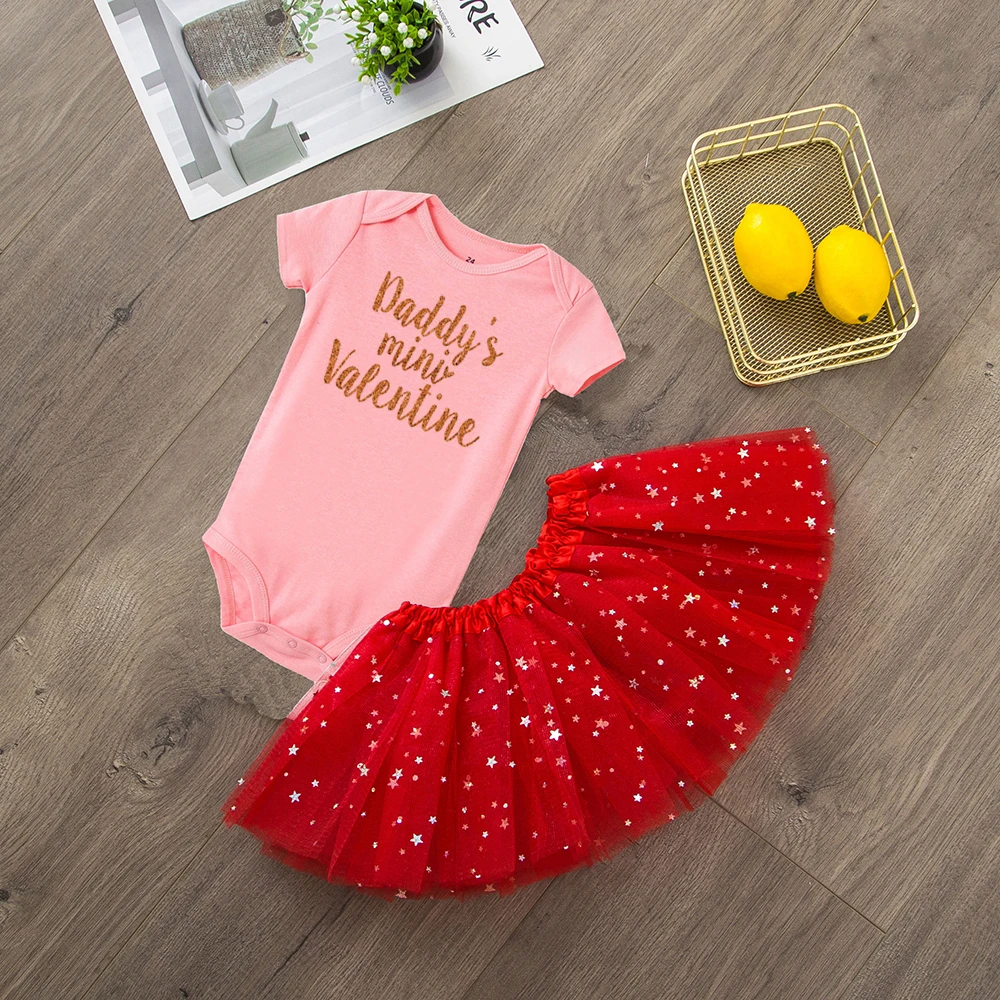 Daddy's Mini/Вечерние платья на День святого Валентина для новорожденных девочек, 2 предмета милый комбинезон+ фатиновая юбка-пачка милый наряд на День святого Валентина для девочек