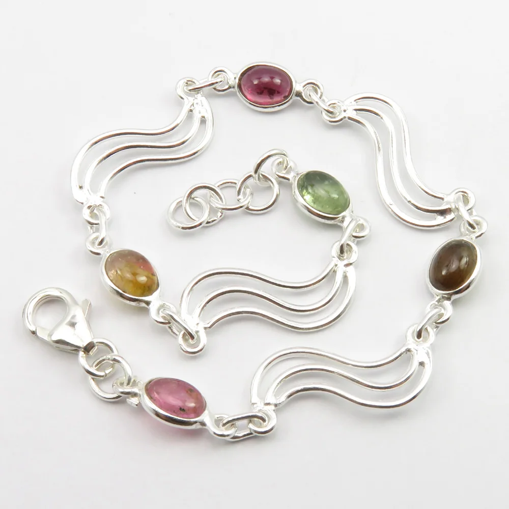 Штамп чистого серебра турмалин браслет 21 см Мода, драгоценные камни