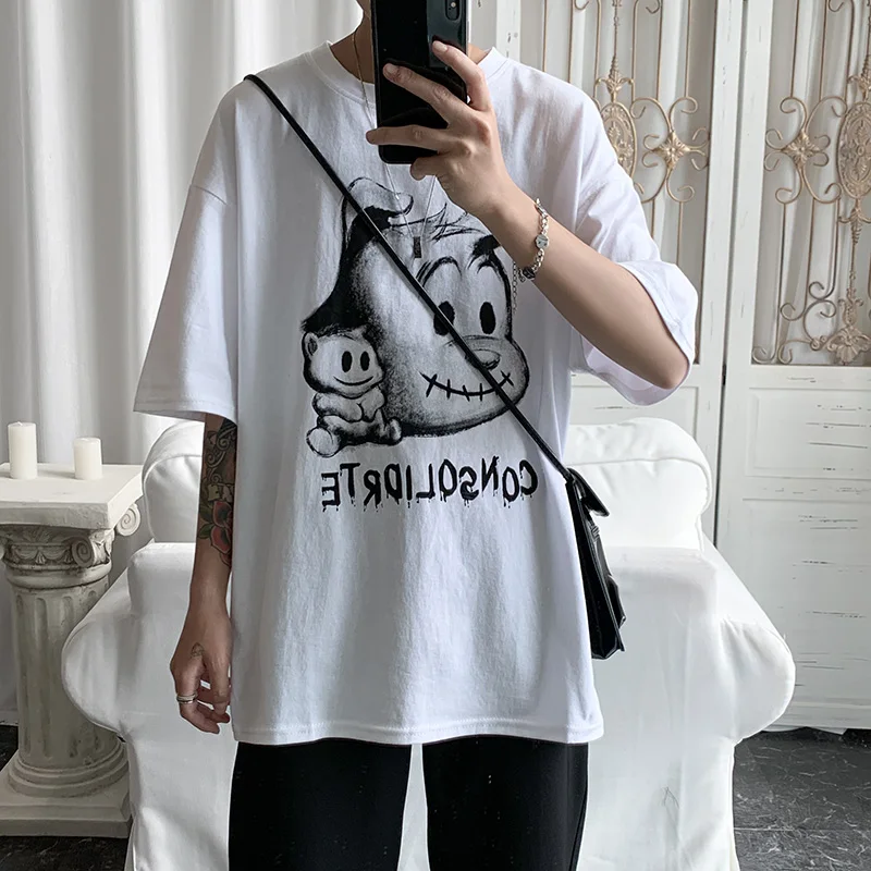 

2021 Hot Cartoon Print Neutral Style Tshirts Comfortable Loose All-Match Novelty Individuality Clothes Graffiti Painted Men Top