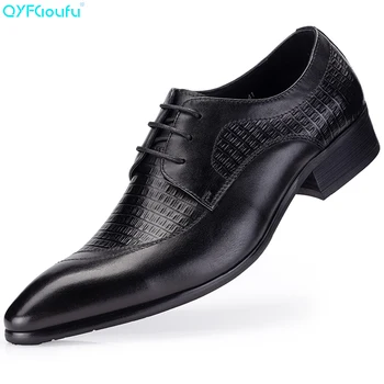 

QYFCIOUFU New Fashion European Genuine Cow Leather Men Black Lace-up Formal Shoes Office Business Wedding Suit Men Dress Shoes