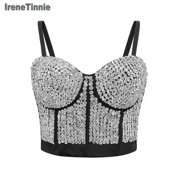 

Irene Tinnie Women's Pearls Rhinestone Cropped Top Wedding Party NightClub Bustier Push Up Corset Wedding Party camisole