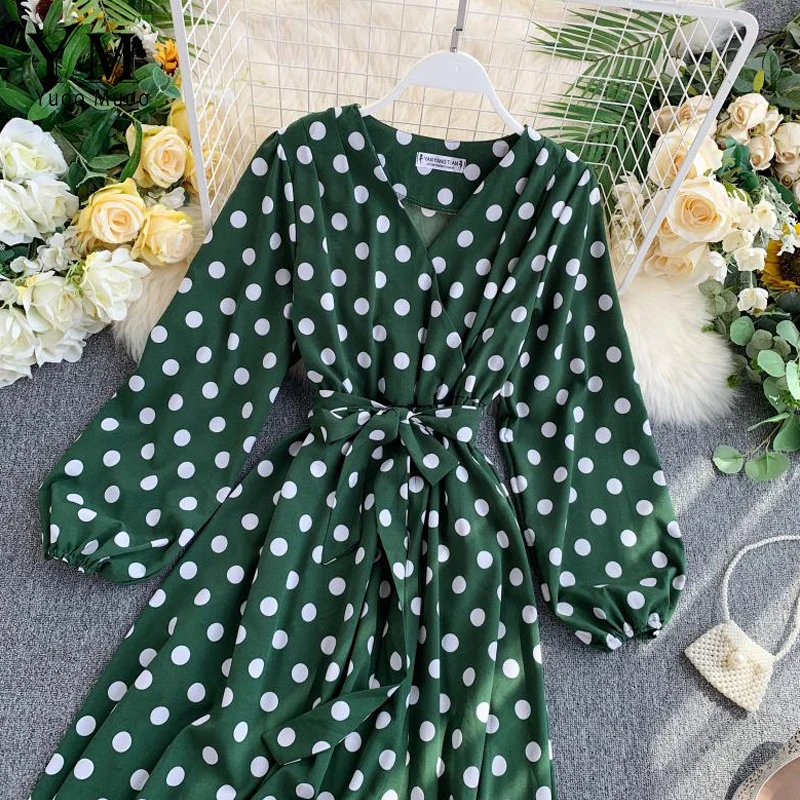 YuooMuoo Fall Korean Style Women Polka Dot Midi Dress Ins Hot Sashes Vintage Elegant Long Sleeve Green Dress Ladies Dresses