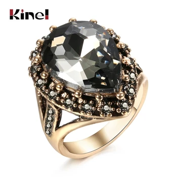 Kinel Boho Ethnic Bride Wedding Crystal Ring Antique Gold Color Big Zircon Stone Rings For Women Turkish Jewelry