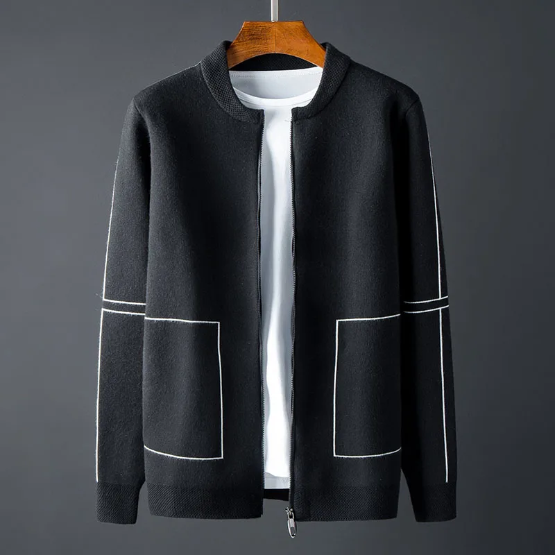 Minglu Stand Collar Mens Sweaters Luxury Baseball Collar Zipper Sweater