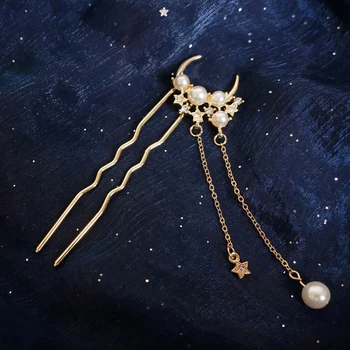 

Retro Moon Pearl Tassel Hairpin Hair ornaments Stars Tassel Hairpin Hanfu Hair accessories Kanzashi Handwork Hair Clip Cosplay